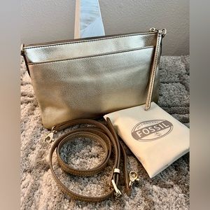 Authentic Fossil Metallic Collection Convertible Crossbody Clutch Bag - Gold